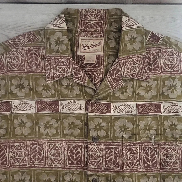 🛍Woolrich Vintage Mens Large Short Sleeve Collared Button Up Shirt Fish Floral‎ - Picture 4 of 6